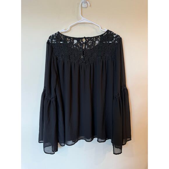 Torrid Blouse Womens 1 Black Lace Chiffon Overlay Boho Peasant Sheer Bell Sleeve - Picture 1 of 10